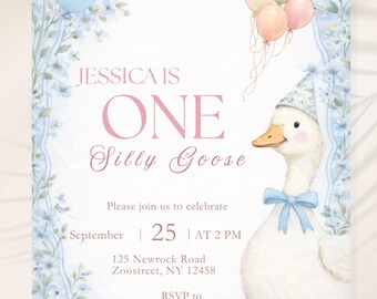 Silly Goose First Birthday Invitation Template, ONE Silly Goose 1st Birthday Invite, Pink Gingham Goose Party, Editable Canva Printable 5x7