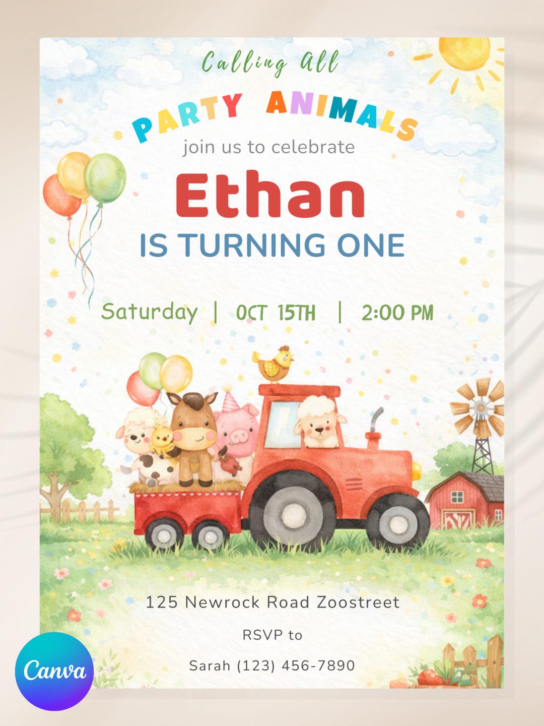 Barnyard Farm Animals Birthday Invitation 1st Birthday Editable Canva ...