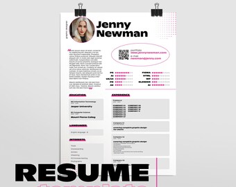 May include: A pink and black resume template with a QR code, a headshot of a woman, and the text "Jenny Newman" in bold black font. The resume template includes sections for education, experience, languages, and interests.