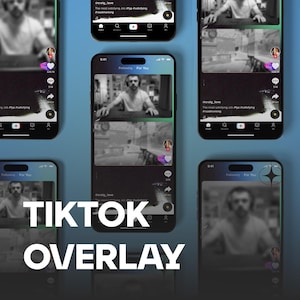 Może przedstawiać: Cyfrowa makieta z wieloma smartfonami z projektem nakładki TikTok. Telefony wyświetlają kanał wideo z osobą noszącą słuchawki. Tekst "TIKTOK OVERLAY" jest wyraźnie wyświetlany.