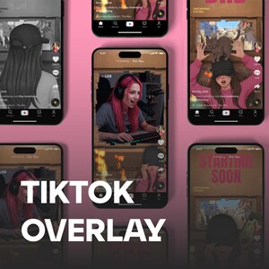 Może przedstawiać: Różowe tło z wieloma ekranami smartfonów wyświetlającymi treści TikTok. Ekrany pokazują transmisje na żywo i grafikę "TikTok Overlay". Obraz przedstawia kobietę z różowymi włosami i tekstem "Starting Soon".