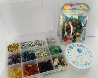 Natural Gemstone Chip, 50 Natural Gemstone Beads & Glass Seed Bead Jewellery Making Kit Including Clasps, Thread And Jump Rings