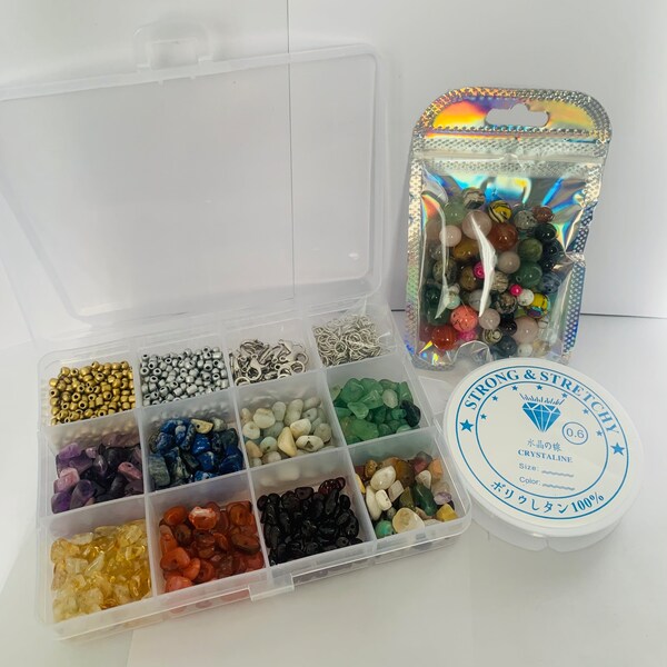 Natural Gemstone Chip, 50 Natural Gemstone Beads & Glass Seed Bead Jewellery Making Kit Including Clasps, Thread And Jump Rings