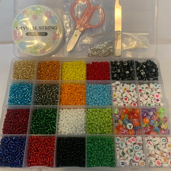 Large 7000+ Piece Children's Jewellery/ Friendship Bracelet Making Kit - Glass & Acrylic Beads, Jump rings, Clasps, Thread And Scissors