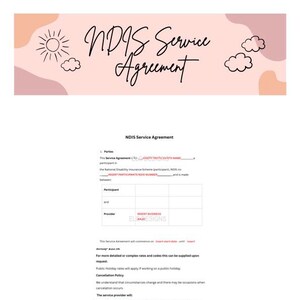 Könnte beinhalten: NDIS-Servicevereinbarung mit Text und einem dekorativen oberen Rand mit Sonne und Wolken. Das Dokument enthält Abschnitte für Parteien, Anbieter und Servicedetails. Das Dokument ist für das National Disability Insurance Scheme bestimmt.