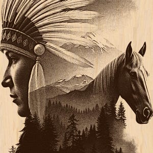May include: A dark brown wood print featuring a double exposure illustration of a person wearing a feathered headdress, a horse, a mountain range, a dense pine forest, and three small birds, all rendered in a detailed stippled art style.