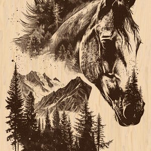 Silver Pack®! Majestic Double Exposure Horse & Forest Laser Engraving File PNG_SVG_PDF_EPS, Wildlife Landscape Art, Laser burn file