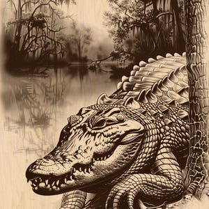 Puede incluir: Ilustración en tonos sepia de un caimán en un entorno pantanoso. El caimán está detallado, con piel texturizada y dientes afilados. El fondo presenta árboles, agua y musgo español, creando una escena naturalista.