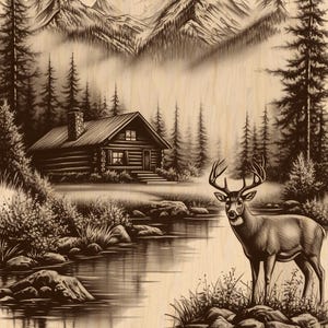 Silver Pack®! Misty Mountain Cabin & Deer Laser Engraving File PNG, JPEG High Resolution + PNG_SVG_PDF_EPS(full-color vector format)