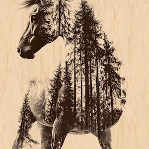 Silver Pack®! Double Exposure Horse & Forest Laser Engraving File PNG_SVG_PDF_EPS, High-Detail Wildlife Art, High-Detail Laser Burn Design