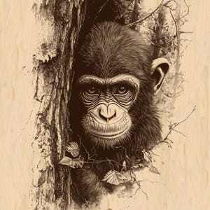 Peut inclure: Illustration sépia d'un chimpanzé regardant derrière un tronc d'arbre. L'œuvre détaillée met en valeur le visage expressif et la texture de la fourrure du singe, avec des branches et des feuilles délicates.