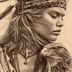 Op de afbeelding: Gedetailleerde sepia-kleurige illustratie van een persoon met lang haar, met een patroon hoofdband met veren. Een adelaar rust op de schouder van de persoon. De persoon draagt een kralenketting en een overhemd met knopen.