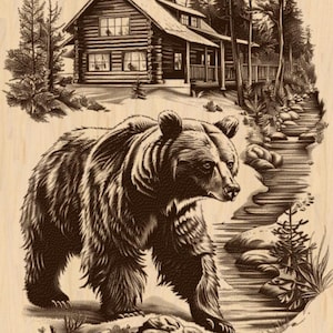 Silver Pack®! Grizzly Bear and Cabin Laser Engraving File PNG_SVG_PDF_EPS, Wildlife Art, river scene Art, Laser burn file, digital download