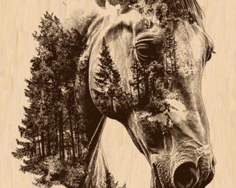 Silver Pack®! Pferd Doppelbelichtung mit Wald Lasergravur Datei PNG_SVG_PDF_EPS, Wildtier-Landschaftskunst, kommerzielle Nutzung