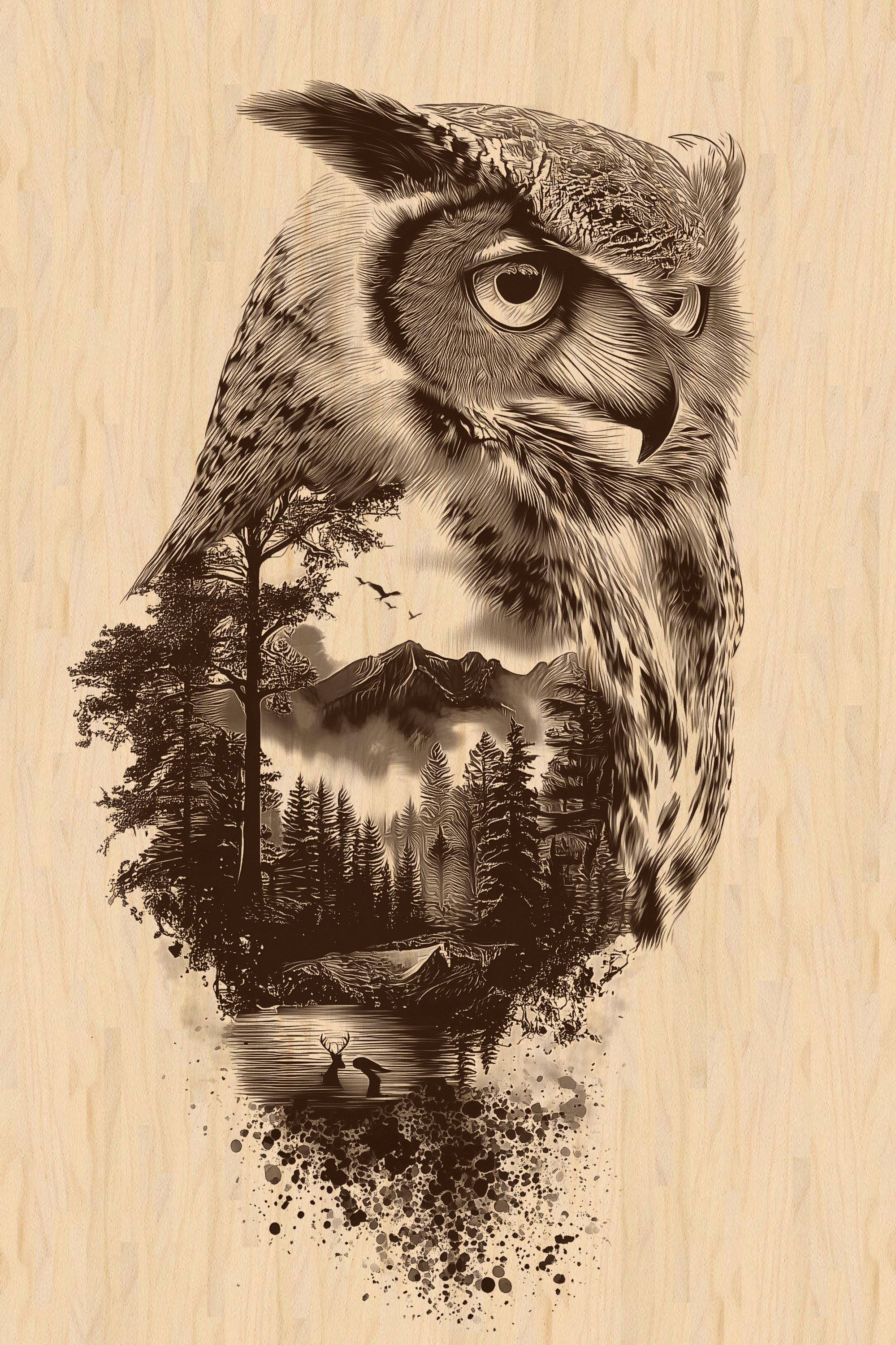 Silver Pack&reg;! Owl Mountain Lake Laser Engraving File PNG,JPEG Double Exposure Forest Wildlife Ar