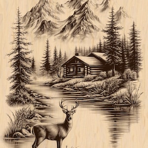 May include: A sepia-toned illustration of a mountain landscape with a cabin, lake, and deer. The cabin is nestled among trees near the water, with mountains in the background. A deer stands in the foreground, adding a touch of wildlife to the scene.