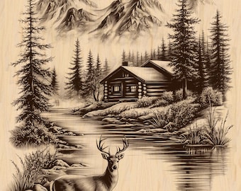 Silver Pack®! Log Cabin by River with Deer Laser Engraving File PNG, JPEG High Resolution + PNG_SVG_PDF_EPS(full-color vector format)