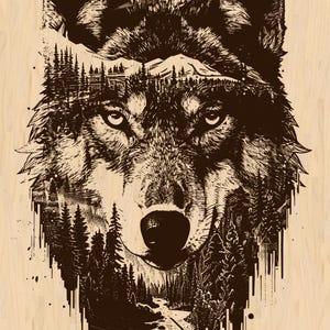 Silver Pack®! Double Exposure Wolf laser burn files PNG_SVG_PDF_EPS, Wolf digital art, laser engraving files, Wood Engraving Wolf Design