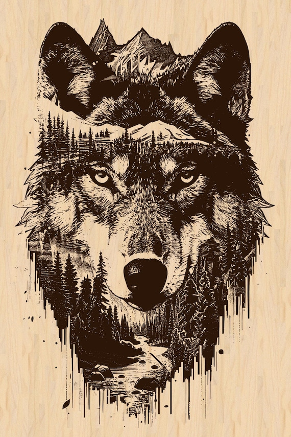 Silver Pack®! Double Exposure Wolf laser burn files PNG_SVG_PDF_EPS, Wolf digital art, laser engraving files, Wood Engraving Wolf Design
