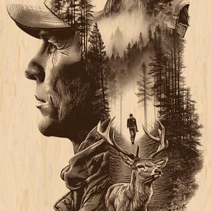 ¡Silver Pack®! Archivo de grabado láser de escena de caza con doble exposición PNG, JPEG, arte de ciervo cazador en el bosque + PNG_SVG_PDF_EPS (formato vectorial a todo color)