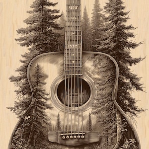 Puede incluir: Ilustración de una guitarra acústica con una escena de bosque grabada en el cuerpo. La obra de arte representa árboles, un lago y un cielo, contenidos dentro del contorno de la guitarra. La guitarra está sobre un fondo claro de vetas de madera.