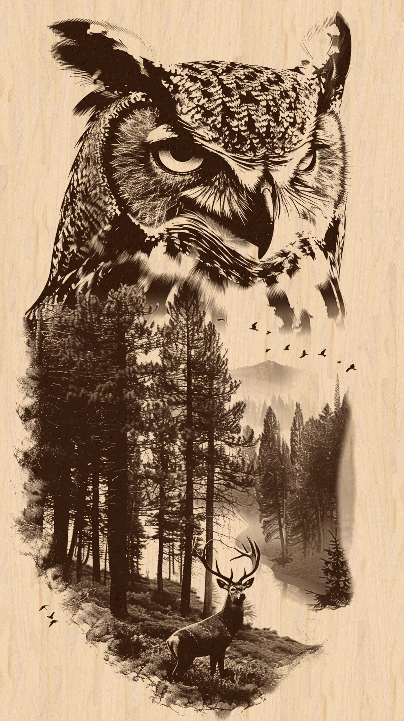 Silver Pack®! Owl & Deer Forest Double Exposure Laser Engraving File PNG, JPEG, Wildlife Art