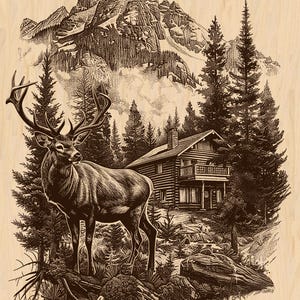 Silver Pack®! Rustic Cabin & Deer Laser Engraving File: Wood Engraving PNG, JPEG High Resolution + PNG_SVG_PDF_EPS(full-color vector format)