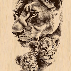 May include: A sepia-toned illustration of a lioness and two cubs. The lioness is in profile, with detailed fur and facial features. The cubs are positioned below, also with detailed fur patterns, creating a family portrait.
