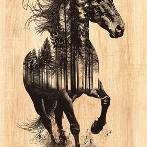 K&ouml;nnte beinhalten: Schwarz-Wei&szlig;-Illustration eines galoppierenden Pferdes, in dessen Silhouette eine Waldszene integriert ist. Das Kunstwerk ist vor einem hellbraunen Holzmaserungshintergrund platziert.