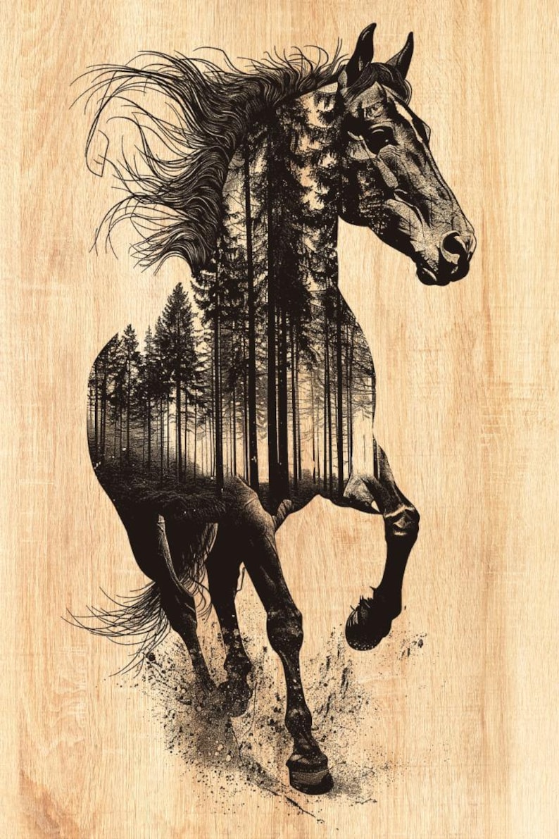 K&ouml;nnte beinhalten: Schwarz-Wei&szlig;-Illustration eines galoppierenden Pferdes, in dessen Silhouette eine Waldszene integriert ist. Das Kunstwerk ist vor einem hellbraunen Holzmaserungshintergrund platziert.