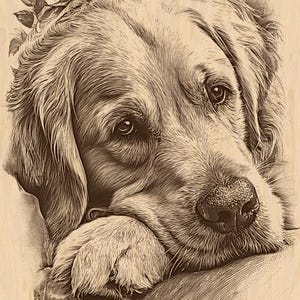 Könnte beinhalten: Detaillierte Sepia-Illustration eines Golden Retriever, der seinen Kopf auf seiner Pfote ruht. Das Fell des Hundes ist akribisch dargestellt, mit ein paar Blättern auf dem Kopf. Das Kunstwerk ist vor einem hellen Holzmaserungshintergrund.