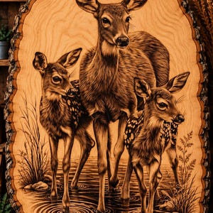 May include: A wood slice wall hanging featuring a detailed pyrography illustration of a doe standing with two fawns in shallow water. The natural bark edges frame the scene, which includes ripples in the water, tall grasses, and smooth river stones.