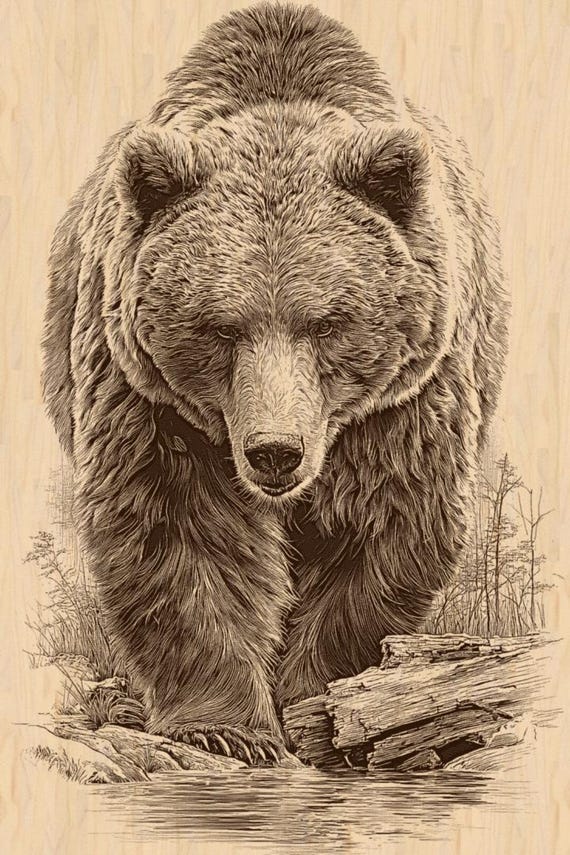 Silver Pack®! Grizzly Bear Walking by River Laser Engraving File