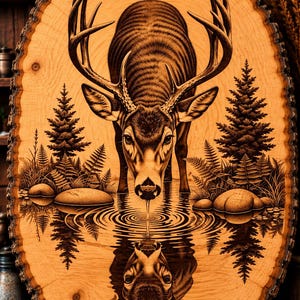 May include: A circular wood slice wall hanging featuring a detailed pyrography illustration of a deer with large antlers drinking from a pond. The artwork depicts the deer, pine trees, and ferns with a clear reflection in the water below.