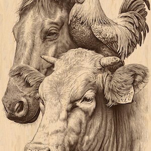 May include: Sepia-toned illustration of farm animals: a horse, a rooster, and a cow. The horse is positioned on the left, the rooster is perched on the cow's back, and the cow is in the foreground. The image has a detailed, vintage style.
