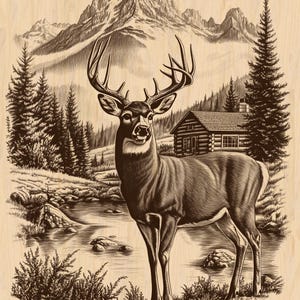 Könnte beinhalten: Detaillierte Sepia-Illustration eines majestätischen Hirsches, der in der Nähe eines Flusses steht, mit einer Blockhütte und einer Bergkette im Hintergrund. Das Kunstwerk erinnert an ein rustikales Outdoor-Thema, ideal für Naturliebhaber.