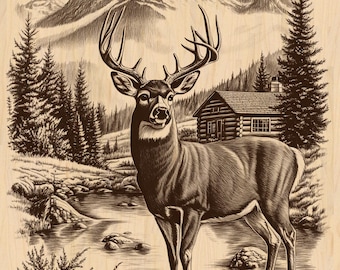 Silver Pack®! Whitetail Buck Cabin Scene Laser Engraving File PNG, JPEG High Resolution + PNG_SVG_PDF_EPS(full-color vector format)