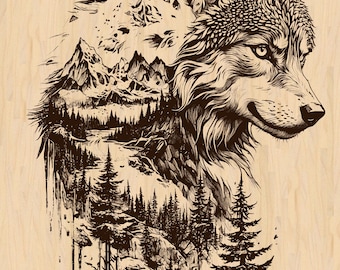 Silver Pack®! Wolf & Berg Laser Gravur Design: Rustikale Wildtier Kunst (Digitaler Download)