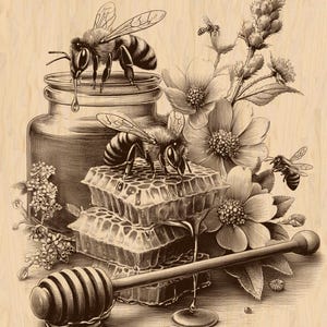 Op de afbeelding: Sepia-getinte illustratie van bijen, honing en honingraat. Bijen zitten op een pot honing en honingraat, met druppelende honing. Een houten honingdipper en bloemen zijn ook afgebeeld.