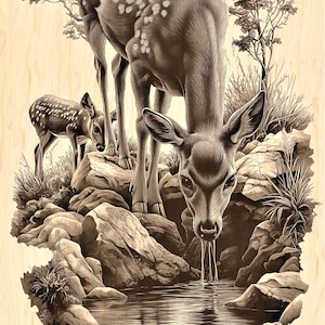 Silver Pack2.0®! Deer Drinking Laser Engraving File PNG, JPEG High Resolution | Buck Engraving Wood Art | CNC & Farmhouse Décor