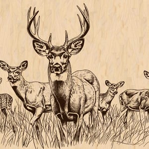Silver Pack®! Whitetail Buck & Does Laser Engraving File PNG_SVG_PDF_EPS, Wildlife Deer Scene, Laser burn file, Acrylic Animal Engraving