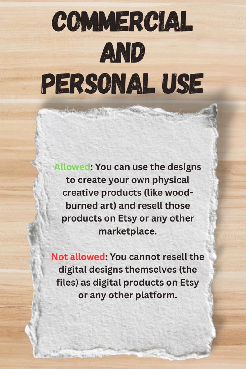 K&ouml;nnte beinhalten: Bild mit Text: &bdquo;KOMMERZIELLE UND PERS&Ouml;NLICHE NUTZUNG&ldquo;. Es werden Nutzungsrechte f&uuml;r Designs aufgef&uuml;hrt, die die Erstellung physischer Produkte und den Weiterverkauf auf Etsy erlauben, aber den Weiterverkauf digitaler Designs auf Etsy oder anderen Plattformen verbieten.