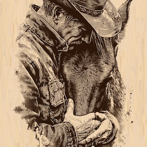 May include: Sepia-toned illustration of a cowboy embracing a horse. The cowboy wears a hat and denim jacket, his face pressed against the horse's head. The image evokes a sense of connection and tenderness, with a rustic, vintage aesthetic.