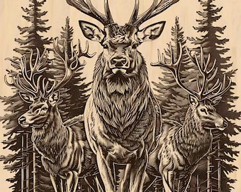 Pakiet Silver Pack®! Plik z laserowym grawerunkiem sceny leśnej z łosiem PNG_SVG_PDF_EPS, Ilustracja stada dzikich jeleni, Scena leśna z polowaniem w naturze, Xtool