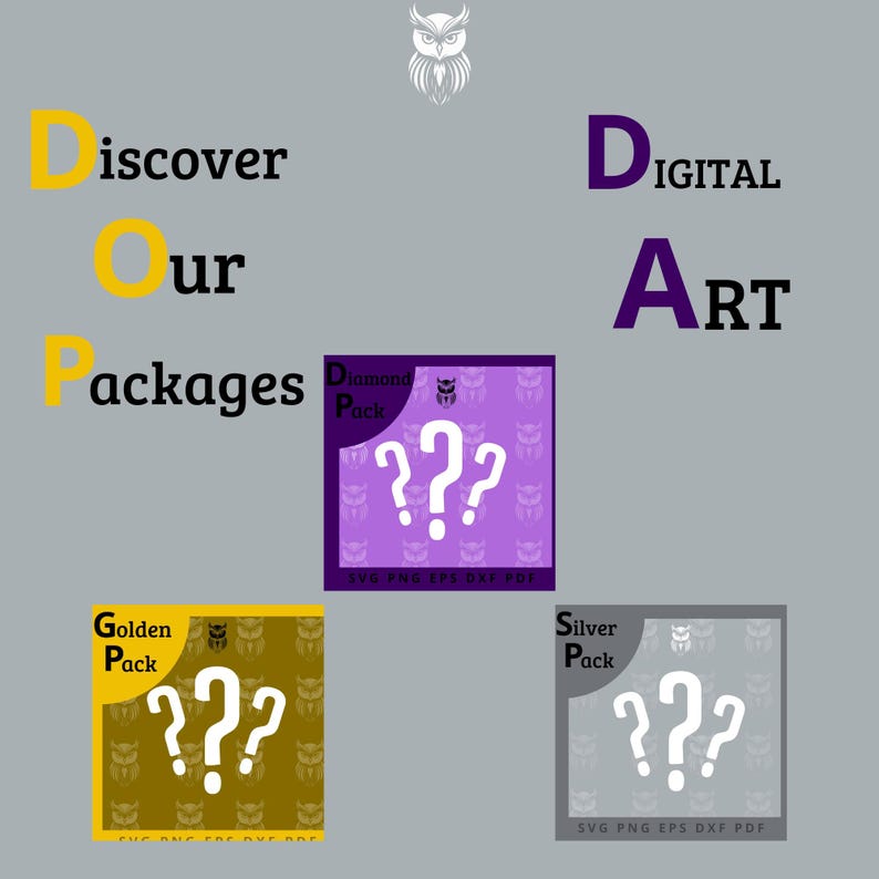 K&ouml;nnte beinhalten: Grafik mit dem Text "Discover Our Packages Digital Art". Gezeigt werden drei Pakete: Diamant, Gold und Silber, jeweils mit Fragezeichen und Eulen-Symbolen. Das Bild befindet sich auf grauem Hintergrund.