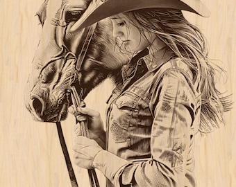 May include: A sepia-toned illustration of a cowgirl with a horse. The cowgirl wears a hat and a plaid shirt, holding the reins. The horse's head is close to the cowgirl's, creating a bond between them. The image has a rustic, vintage feel.