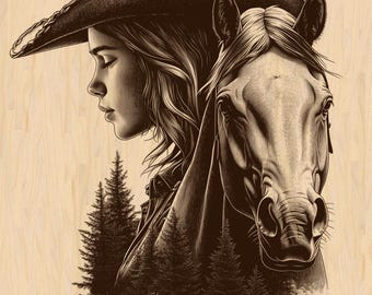 May include: A sepia-toned illustration features a woman in a cowboy hat alongside a horse. The woman's profile is visible, with long hair and a thoughtful expression. The horse's head is positioned next to her, and pine trees are in the background.