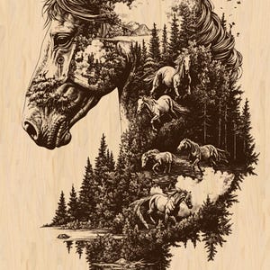 Silver Pack®! Horse Double Exposure with Forest & Full Moon Laser Engraving File PNG_SVG_PDF_EPS, ,Wildlife Landscape Art, wood burning art