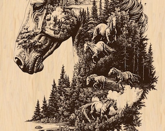 Silver Pack®! Horse Double Exposure with Forest & Full Moon Laser Engraving File PNG_SVG_PDF_EPS, ,Wildlife Landscape Art, wood burning art