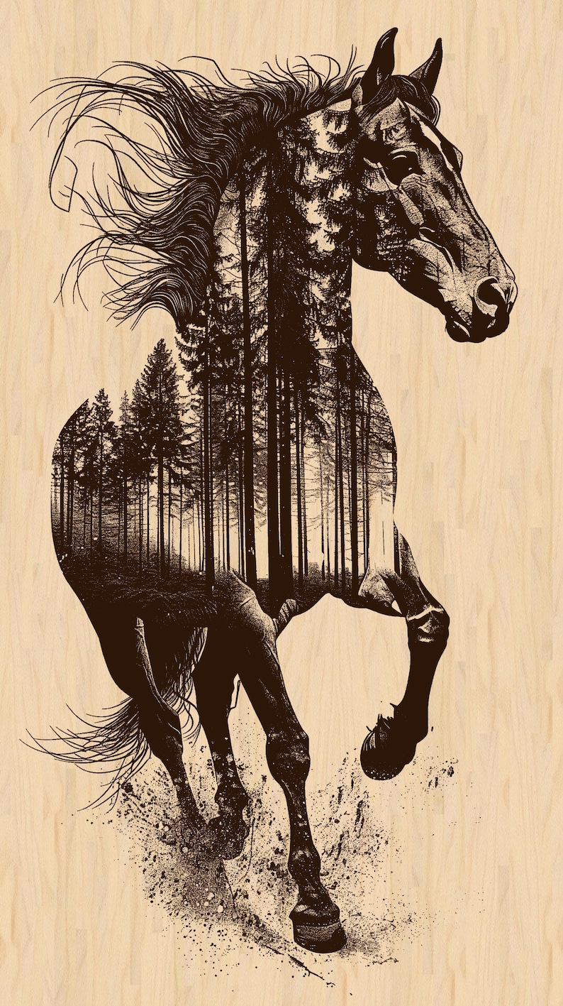 K&ouml;nnte beinhalten: Sepiafarbene Illustration eines galoppierenden Pferdes, in dessen Silhouette eine Waldszene integriert ist. Das Pferd ist in Bewegung dargestellt, mit ausgestreckten Beinen und wehender M&auml;hne. Der Hintergrund ist helles Holzmaserung.